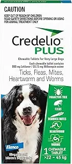 Credelio PLUS Dog Flea and Tick Treatment, Single Pack, Ticks, Fleas, Mites, Heartworm & Worms Parasite Protection, in The Smallest Monthly Chewable Tablet for Dogs > 22-45 kg, 1 Pack