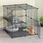 2-Tier Cat Cage, DIY Metal Wire Cat Cage Playpen with Ladder, Indoor DIY Kennels Crate, Removable Cat House, Crate Exercise Place(Black)