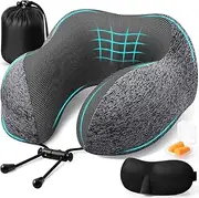Ronluuu Travel Pillow, Travel Pillows for Sleeping Airplane, Removable Cover Neck Pillow with Adjustable Clasp, Memory Foam Neck Pillow Set with Eye Mask, Earplugs and Storage Bag (Dark Grey)