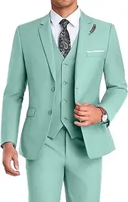 [Mrbuerly] Men Suit 3 Pieces Slim Fit, Groomsmen Business Jacket Vest Pant with Tie 2 Buttons Prom Tuxedo Xs/3630, Mint Green, 5X-Large