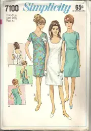 SIMPLICITY 7100 MISSES SZ 20½ DRESSES WITH THREE NECKLINES SEWING PATTERN ©1967