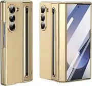 Compatible with Samsung Galaxy Z Fold 6 Case Built-in Writing Slim Pen & S Pen Holder Slim Stylus [Screen Protector] Full-Body Protective Cover Hard Shockproof Phone Cover for Fold 6(Gold)