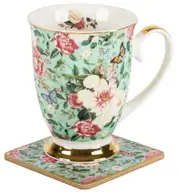 Floral Garden Mint Flowers Decorative Ceramic Tea/Coffee Mug & Coaster Set 350ml