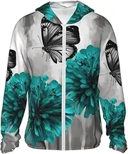 [LHBWCVN] UPF 50+ Light Jacket Full Zip Sun Protection Hoodie for Women Men Long Sleeve Gray Teal Flower Butterfly Sun Shirts