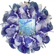 Shalom Wreath With Star Of David Ribbons Handmade Deco Mesh