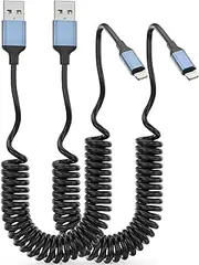 Coiled Lightning Cable for Car, [MFi Certified] 2Pack Retractable iPhone Charger Cord Apple Car Play USB to Lightning Cable 3FT Coiled iPhone Charger Cord for iPhone14/13/12/11/8/7/Plus/6S iPad/iPod