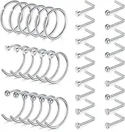 [LAURITAMI] 32pcs Nose Stud Ring Hoop Silver Set, Stainless Steel Nose Stud Screws Clear Nose Studs 20G Nose Piercing Jewelry for Women Men