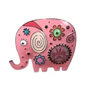 Pink Enamel Elephant Brooch Whimsical Floral Pattern