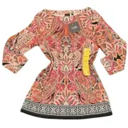 Rafaella Cotton Knit Top Womens Pink Paisley Peacock Feather Pattern Sz M #207A