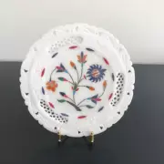 White Marble Inlaid Plate, Pietra Dura Marble Trivet Indian Bohemian Decor