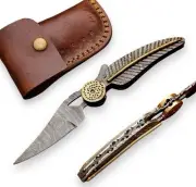 Handmade Damascus Steel Folding Pocket Knife, Hunting Camping With Sheath B