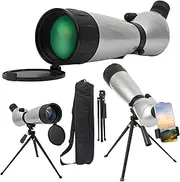 Fetch Falcon Spotting Scope 20-60X80 FMC HD BAK4 (Long Range Spotting, Water-Resistant) with Metal Tripod, Carry Bag, Phone Holder (HD 20-60X80 Silver)