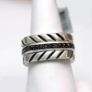 DAVID YURMAN Mens New Sterling Silver Black Diamond Chevron 3 Row Stack Ring 10
