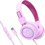 MEE audio KidJamz KJ55 Safe Listening USB-C Headphones for Children with Multicolor LED Lights, Volume Limiter, & Microphone; On-Ear Wired Kids Headset for iPhone 15, iPad, & USB Type C Devices (Pink)