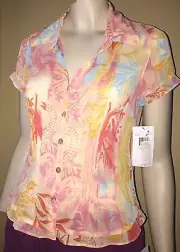 JH Collectibles Cabana Floral Sheer Floral Short Sleeve Button Front Shirt Top S