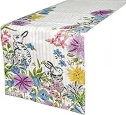 White Decorative 6 - 8 Seater Table Runner (40 x 225 cm) | Contemporary Cotton Floral Table Linen | Bunny Embroiderey, Jute Lace, Easter Table Runner for Party, Dining Table Décor - Bunny Wonderland