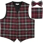 New Men's Plaid Tuxedo Vest Waistcoat & Bow tie Set Burgundy prom formal party