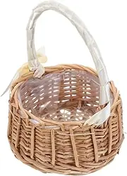 GREENADSCAPE Handwoven Rattan Flower Girl Basket with Bow Handle Elegant Wedding Candy Basket for Presenting Decorative Eggs for Home Camping and Special Occasions Beige