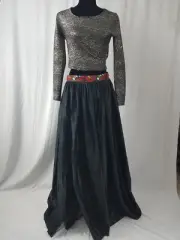 African Ankara Band Black Front Slit Satin Long Maxi Ball Skirt Waist 41" SIZE18