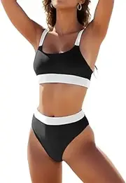 [Generic] Bikini Sets for Women High Waisted Sporty Swimsuit Scoop Neck Color Block Crop Top High Cut Cheeky Bathing Suit