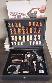 KURKENTREKKER CORKSCREW WINE ACCESSORIES AND CHESS SET IN WOODEN BOX New