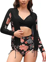 [SHEKINI] 3-Piece Rash Guard Swimsuits for Women Ladies Swimming Costumes UPF 50+ Bikini Top & High Waist Bikini Bottom Zip Up Modest Swimwear Bathing Suit Floral Soft Surf Suit