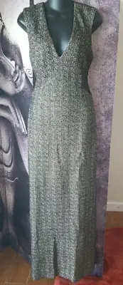 ST JOHN Wool Blend Gold Caviar Metallic Sleeveless V Neck Gown Dress sz 4 JT01