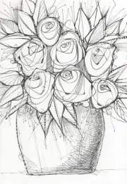 Original ink drawing modern whimsy roses big vase StudioB3Arts