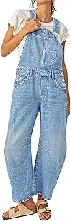 [Chartou] Women Casual Denim Bib Overalls Baggy Barrel Jeans Y2k Wide Leg Denim Jumpsuit Mid Rise Boyfriend Harem Pants