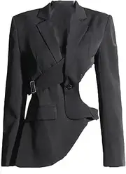 [Generic] Minimalist Irregular Hollow Out Blazers for Women Notched Long Sleeve Single Button Solid Slim Temperament Coats Female