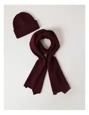 [Basque] Waffle Knit Beanie & Scarf Gift Box Set in Fig
