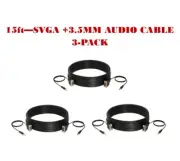 3-Pack - 15FT SVGA M/M + 3.5mm Aux Audio Cable Jack for Monitor PC Projector TV