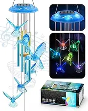 Hummingbird Solar Wind Chimes, Valentines Day Gifts for Him, Glowing Top Color Changing Hummingbirds Moblie LED Wind Chime for Outside, Outdoor Home Party Garden Decor Light(Blue)