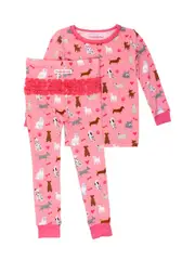 RuffleButts SoftSnooze Toddler Girls Ruffle Long Sleeve Pajama Set in Pink Puppy Playtime at Nordstrom, Size 3T