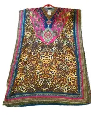NWT Venice Blue Caftan Kaftan Drawstring Waist Animal Print Long Dress FREE SIZE