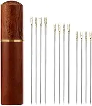 12pcs Self Threading Needles, 3 Sizes Top Hanging Needles Embroidery Needles Set Sewing Needles Kit with Wooden Case Sandalwood Needle Box Hand Sewing Needles for DIY Stitching Projects (Gold)