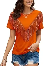 [PESION] Women's Fringe Trim Shirts Short Sleeve Tassel Trim Blouse T-Shirt Tops