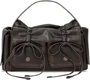 [YFGBCX] Designer Handbags for Women Multipocket Bag Y2K Purse Trendy Bow Bag with Washed Finish Vintage Hobo Handbags Fall Purse, Dark Brown