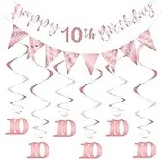 10th Birthday Decoration Kit for Girls, Happy 10th Birthday Banner Bunting Swirls Streamers, Triangle Flag Banner for Birthday Party Decorations Supplies Rose Gold 10th