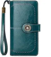 [Generic] Women's Genuine Leather Wallet Clutch with Strap 24 Card Slots 2 ID Windows Cash Compartments 1 Zipper Pocket Credit Card Holder RFID Blocking Gift Box Included (Purple), Blue-1, Mudium, Tri-fold
