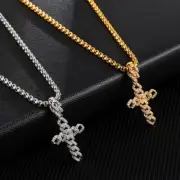 Cross Pendant Chain Necklace Cuban Link Rhinestone Pave Stainless Steel Silver