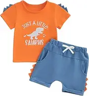 [MAHUAOYIXI] Baby Boy Outfits Casual Round Neck Whale/Dinosaur/Turtle Print Short Sleeve T Shirts + Striped Elastic Waist Shorts Sets Toddler Boys 2Pcs Toddler Summer Clothes, Orange, 12-18 Months
