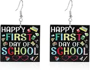 [COLORFUL BLING] Teacher's Day Earrings Graduation Wooden Dangle Earrings Dainty Cap Clothes Book Shape School Earrings Shinning Giltter Last First Day of School Drop Earrings Back to School Jewelry Gifts