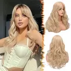 Long Blonde Curtain Bangs Wig - 26 Inch Long Wavy Layered Wigs for Women - Sy...
