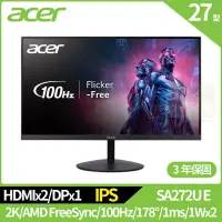 在飛比找博客來優惠-Acer SA272U E 27型護眼抗閃螢幕(IPS,HD