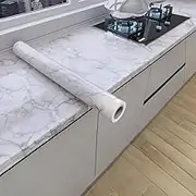 Yunzhou1230 Marble Effect Sticky Back Plastic Roll,Granite Paper Vinyl Wrap Self Adhesive Wallpaper, Waterproof Peel and Stick Wallpaper, Easy to Remove for Countertops Kitchen 60CM X 10M (White)