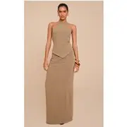 Khaki Textured Floaty Mid Rise Maxi Skirt, Khaki
