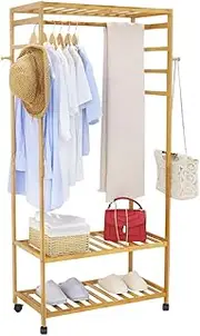 UNHO Open Wardrobe with Shelves, Bamboo Coat Rack Stand Clothes Hanging Rail Rolling Clothes Rack with Shelves Storage Organiser 78 x 41 x 169cm