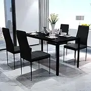 Sleek 5-Piece Black Dining Table Set with Tempered Glass Top and 4 Padded Artificial Leather Chairs, Modern Design