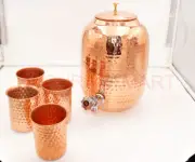 Handmade 100% Pure Copper Dispenser Water Pitcher Pot 4L With 4 Glass